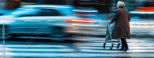 A startled elderly lady pedestrian with walking frame in danger of being hit by car at crosswalk.