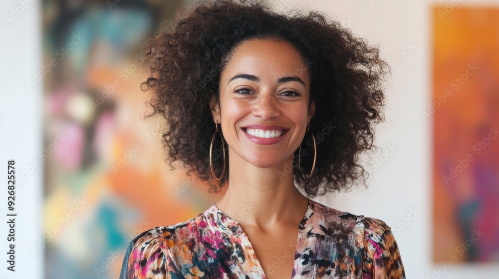 African American Woman with curly hair and large hoop earrings, wearing a patterned blouse, is featured in front of an art gallery wall with a blurred background and gentle natural light.