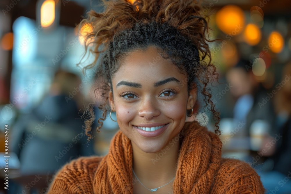 African American Woman with curly hair and large hoop earrings, wearing a patterned blouse, is featured in front of an art gallery wall with a blurred background and gentle natural light. African American Woman with curly hair and large hoop earrings, wearing a patterned blouse, is featured in front of an art gallery wall with a blurred background and gentle natural light.