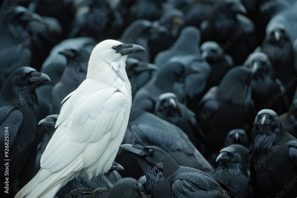 Uncommon sight - a white crow in a flock of black crows, illustrating ...
