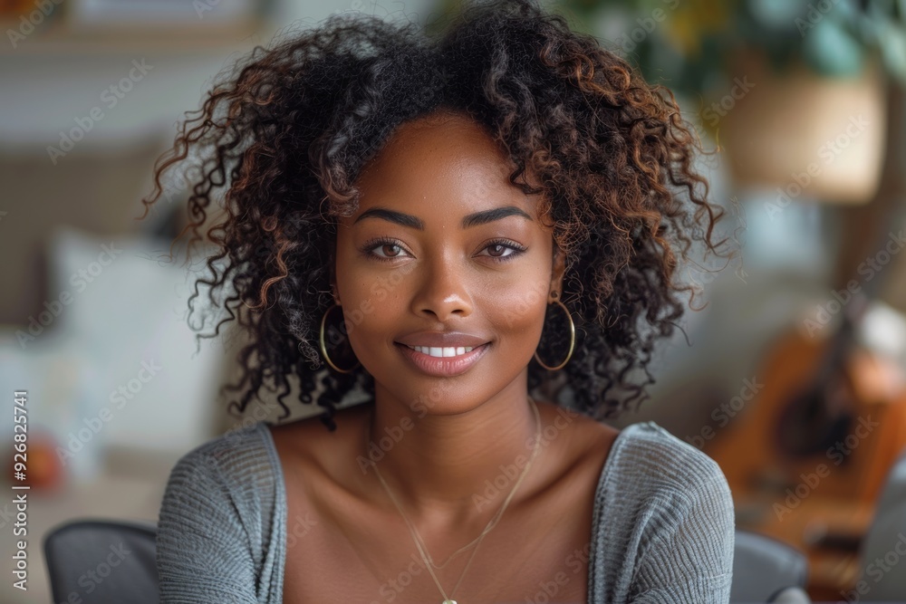African American Woman with curly hair and large hoop earrings, wearing a patterned blouse, is featured in front of an art gallery wall with a blurred background and gentle natural light.