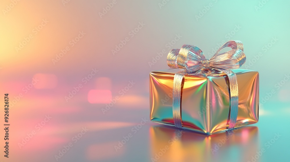 Glass gift golden box with glass ribbon displayed on gradient pink and blue background. Concept of glass elements, glass morphing, elegance and celebration Glass gift golden box with glass ribbon displayed on gradient pink and blue background. Concept of glass elements, glass morphing, elegance and celebration