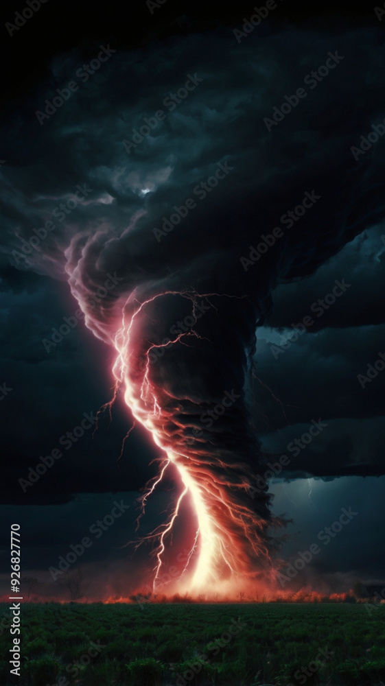 Obraz premium Tornado with lightning strikes and thunderstorm effect on background