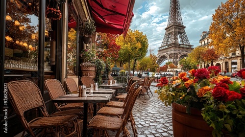 Fototapeta Naklejka Na Ścianę i Meble -  Parisian Cafe with Eiffel Tower View.