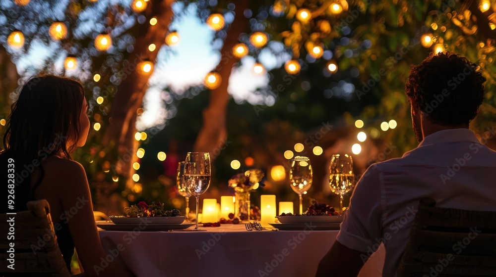 Romantic Dinner Date Under String Lights. Romantic Dinner Date Under String Lights.