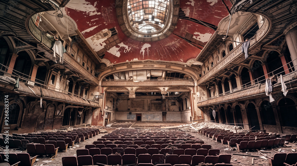 Obraz premium Abandoned Theater, captured in a decaying grandeur in the early evening light of a golden sunlight