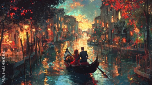 Romantic Gondola Ride at Sunset in Venice.