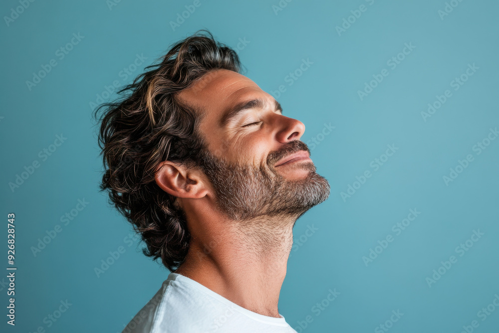 A close up of a man's face with her eyes closed