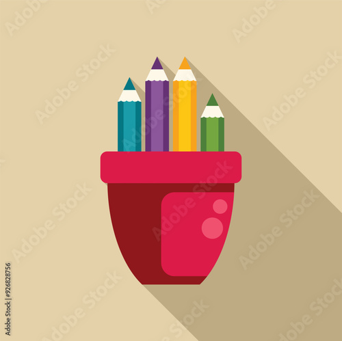 Four colorful pencils standing in a red pencil holder are casting long shadows on a beige background