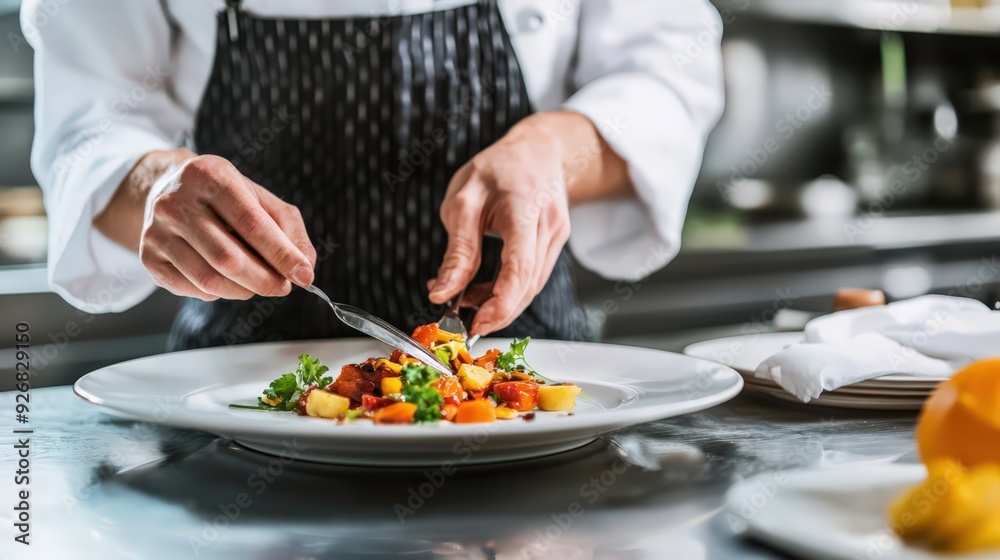 Chef Arranging Food on a Plate. Chef Arranging Food on a Plate.