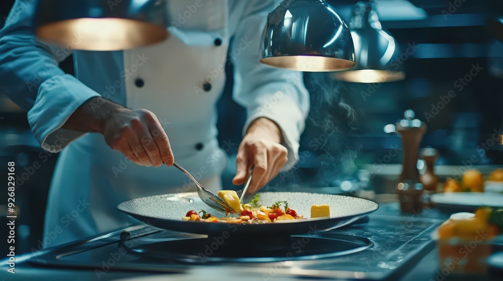 Chef plating a gourmet meal. Chef plating a gourmet meal.