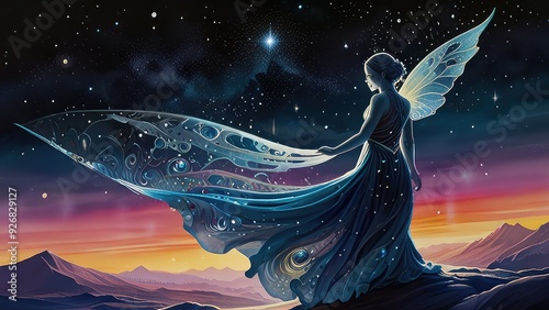 A shimmering ethereal spirit of neoVictorian inspiration ,girl wearing butterfly costume in a starry night