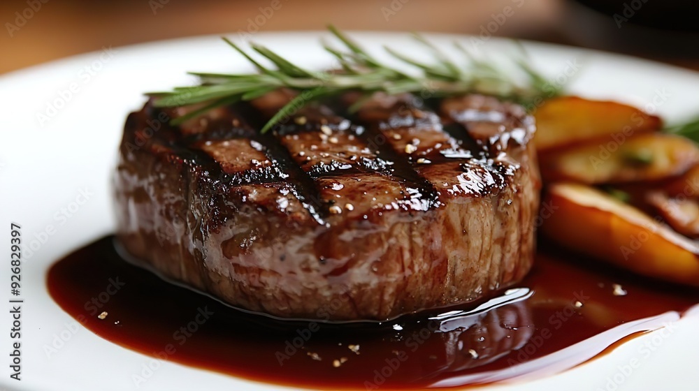 Succulent filet mignon served with a savory red wine reduction sauce image Succulent filet mignon served with a savory red wine reduction sauce image