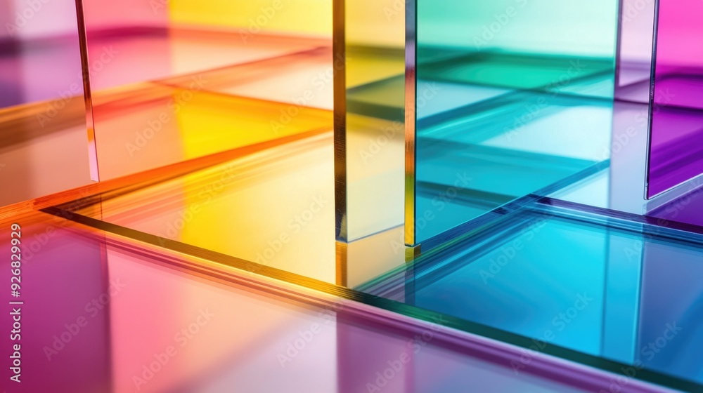 Fototapeta premium Transparent colored glass tiles overlapping in an abstract pattern on a colorful background, representing modern design and elegance.Concept of glass elements, glassmorphing