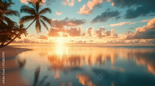 Palm Trees Silhouetted Against a Dramatic Sunset Over the Ocean.