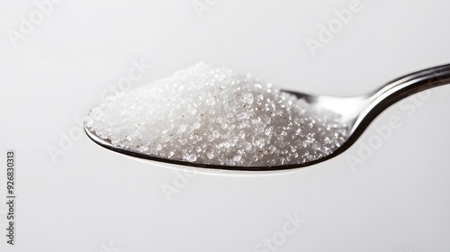 Close-up of sugar in spoon over white background 