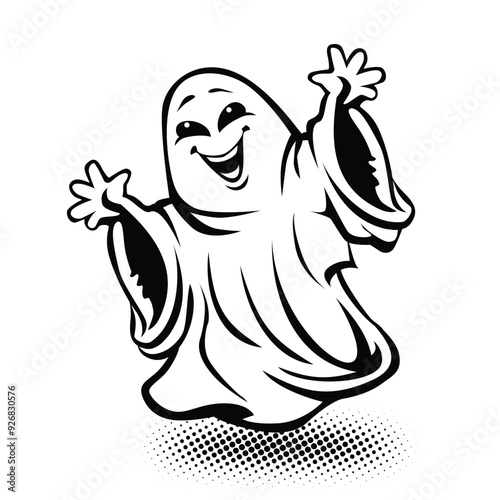 Halloween template of dancing merrily apparition. Funny ghost for halloween decoration. Vector on transparent background