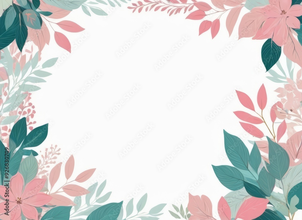 Elegant Floral Border Design with Teal Green and Pink Leaves on a Light Background with Copy Space Elegant Floral Border Design with Teal Green and Pink Leaves on a Light Background with Copy Space