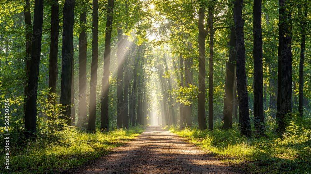 Fototapeta premium Sun Rays Through Forest Trees.