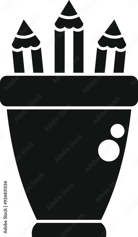 Black and white vector illustration of three pencils standing upright in a clay pot Black and white vector illustration of three pencils standing upright in a clay pot
