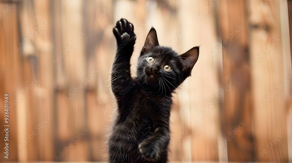Closeup Portrait of a Curious and Playful Black Kitten Standing on Hind Legs Reaching Pawing and Exploring with Sharp Claws and Bright Eyes Against Blurred Background Closeup Portrait of a Curious and Playful Black Kitten Standing on Hind Legs Reaching Pawing and Exploring with Sharp Claws and Bright Eyes Against Blurred Background