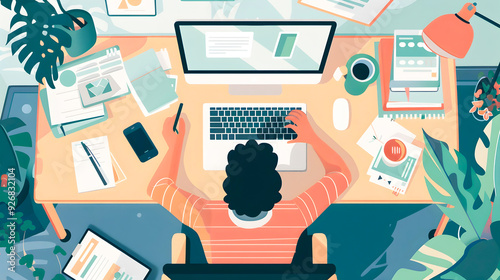 Woman Working at Home Office Desk with Laptop