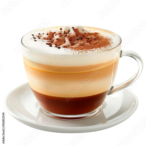 Cappuccino coffee isolated on white or transparent background. Cappuccino coffee in a white small plate close-up. Side view. Traditional Italian breakfast.