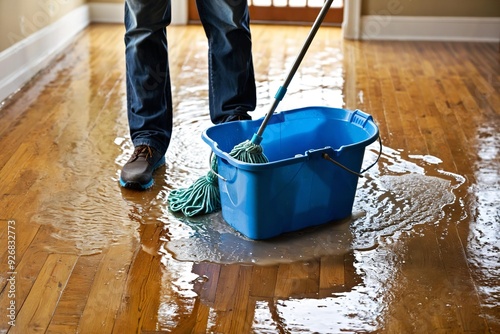 Person cleaning hardwood floor with mop and bucket, ideal for commercial or residential use
