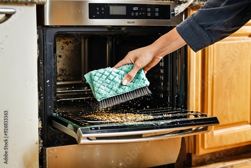 A person uses a brush to clean the inside of an oven