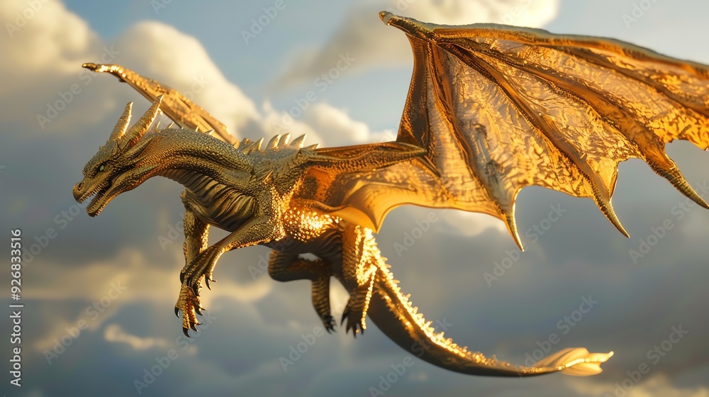 Fototapeta premium A golden dragon flies in the sky.