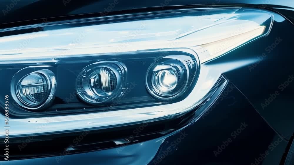Sleek car headlight shines brightly in the dark night, showcasing cutting edge automotive lighting technology and adding a touch of luxury and style to the vehicle Sleek car headlight shines brightly in the dark night, showcasing cutting edge automotive lighting technology and adding a touch of luxury and style to the vehicle