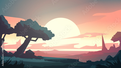 sunset in the mountains and landscape for mobile games