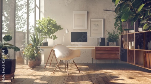 Modern Home Office With Natural Light and Greenery.