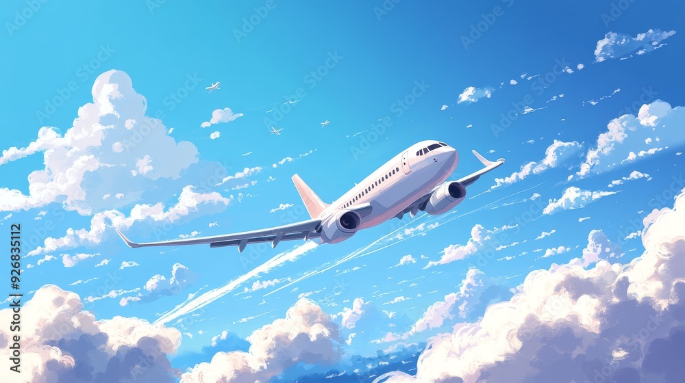 A cartoon airplane with fluffy clouds and a contrail A cartoon airplane with fluffy clouds and a contrail