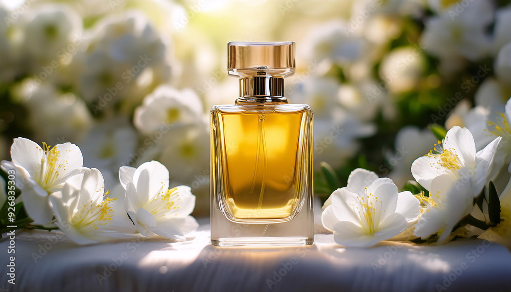 Crystal perfume bottle surrounded by white flowers. Generative AI