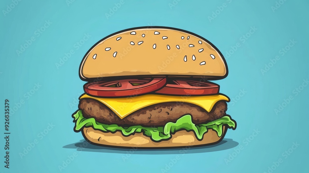 A cartoon burger with lettuce, cheese, and tomato A cartoon burger with lettuce, cheese, and tomato