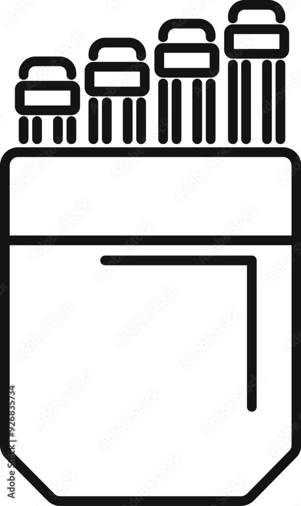 Black outline vector illustration of a pen holder being filled with pens of different sizes Black outline vector illustration of a pen holder being filled with pens of different sizes