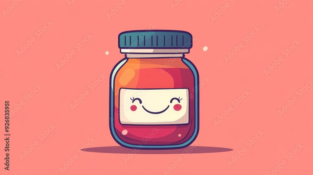 Cute smiling jam jar with a colorful label placed against a bright pink background Cute smiling jam jar with a colorful label placed against a bright pink background