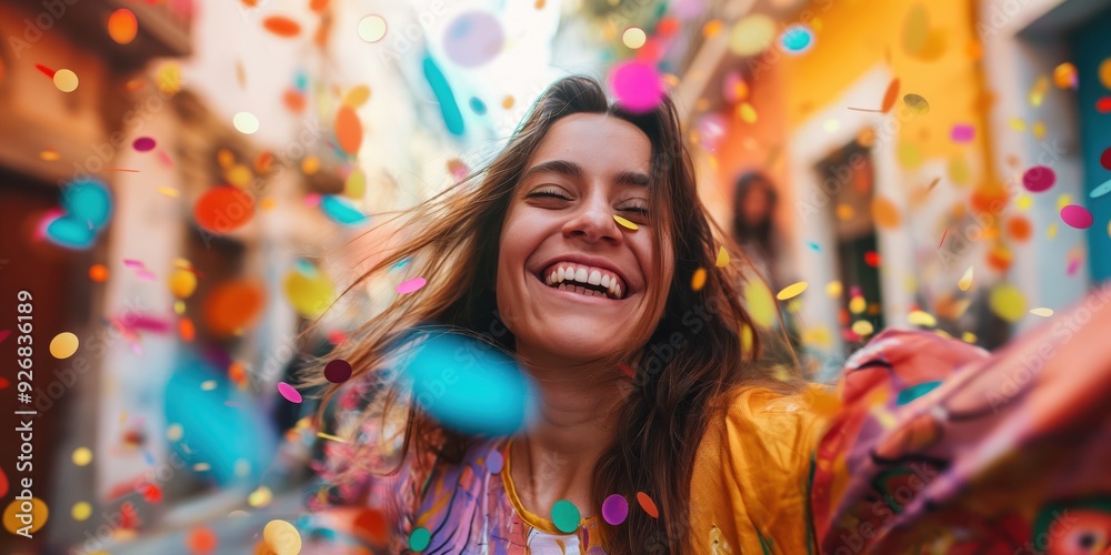 Obraz premium Joyful Woman Celebrating with Confetti created by ai