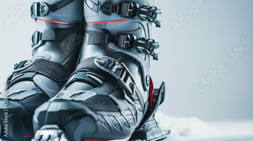 Ski boots in grey and red placed on fake snow with a light blue backdrop photo
