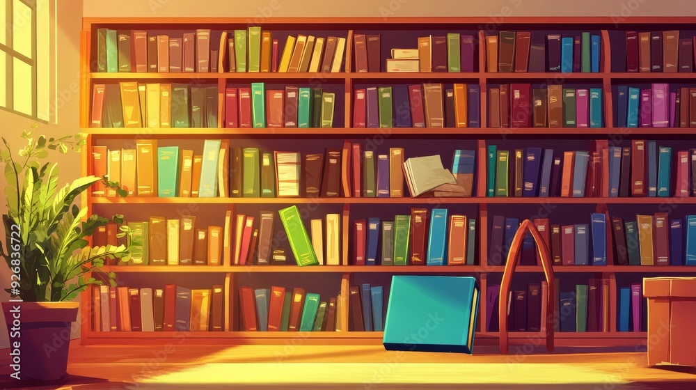 A cheerful cartoon library with shelves of books A cheerful cartoon library with shelves of books
