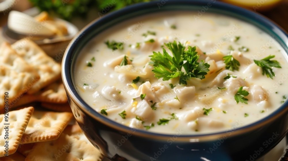 A bowl of creamy clam chowder, topped with fresh parsley, served with a side of crackers.