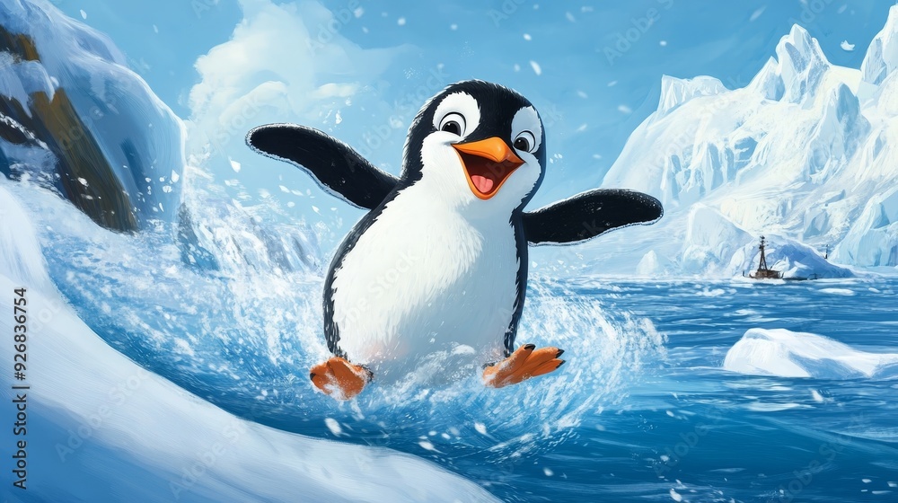Obraz premium A cheerful cartoon penguin sliding on ice 