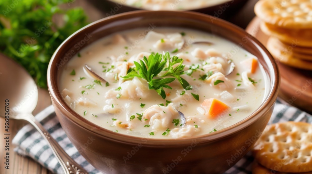 A bowl of creamy clam chowder, topped with fresh parsley, served with a side of crackers. A bowl of creamy clam chowder, topped with fresh parsley, served with a side of crackers.