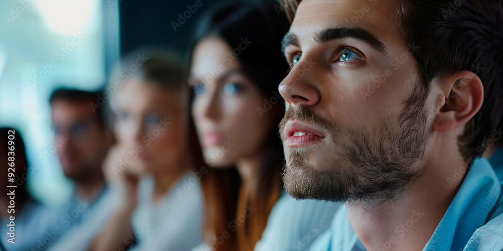 Close-up of young college student paying attention, surrounded by peers. Close-up of young college student paying attention, surrounded by peers.