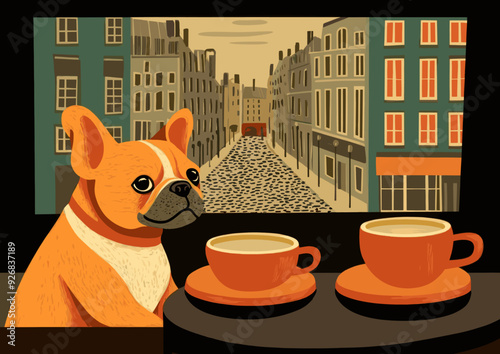 Charming French bulldog sitting at a café table with two coffee cups, overlooking a quaint European street in a retro-style illustration