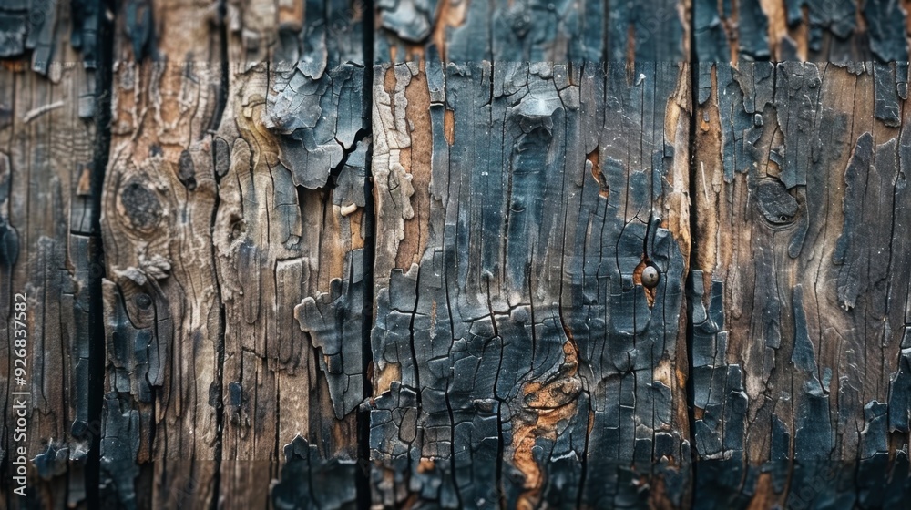 Obraz premium A close-up of an old wooden sign with deep cracks and splinters, showcasing the effects of time.