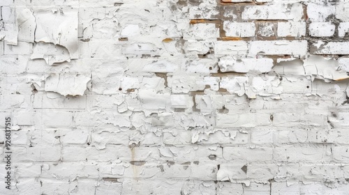 A close-up of an old white brick wall with worn and chipped bricks, full of texture and character.