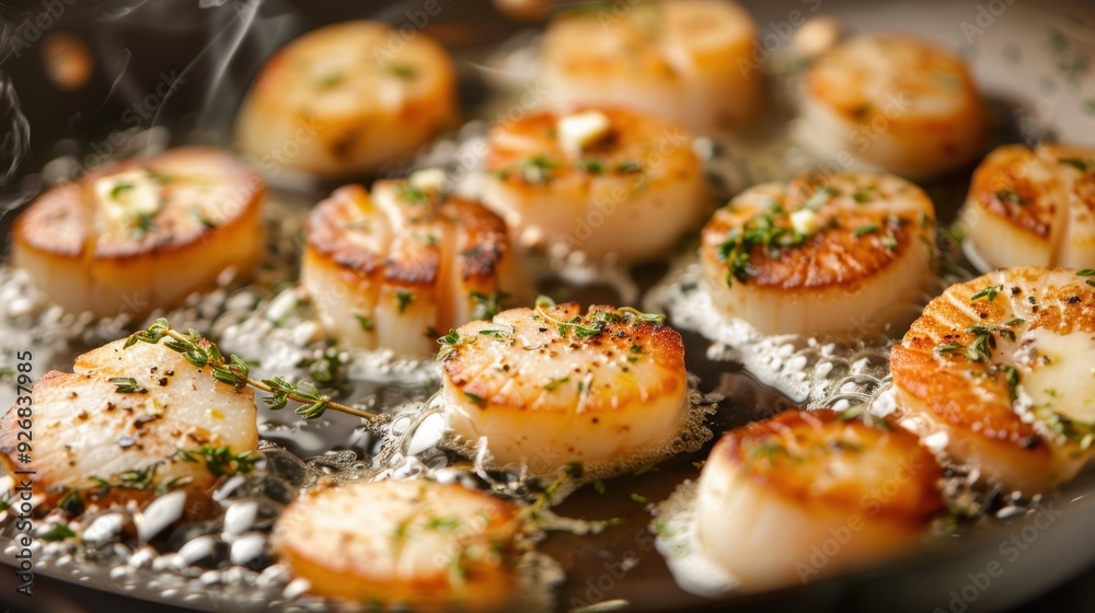 A close-up of scallops being seared in a hot pan, with butter and herbs. A close-up of scallops being seared in a hot pan, with butter and herbs.