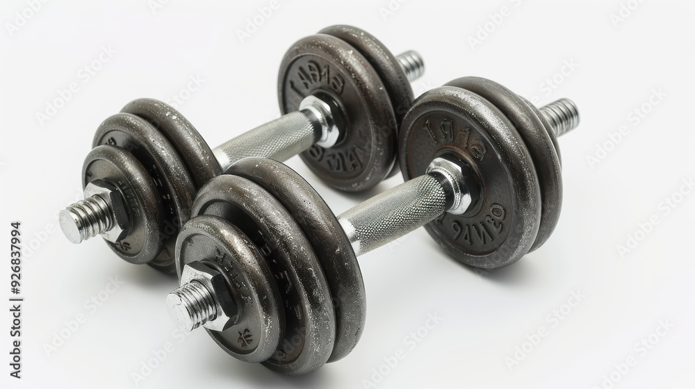 Two metal dumbbells are lying on a white background, suggesting a concept of bodybuilding and fitness Two metal dumbbells are lying on a white background, suggesting a concept of bodybuilding and fitness